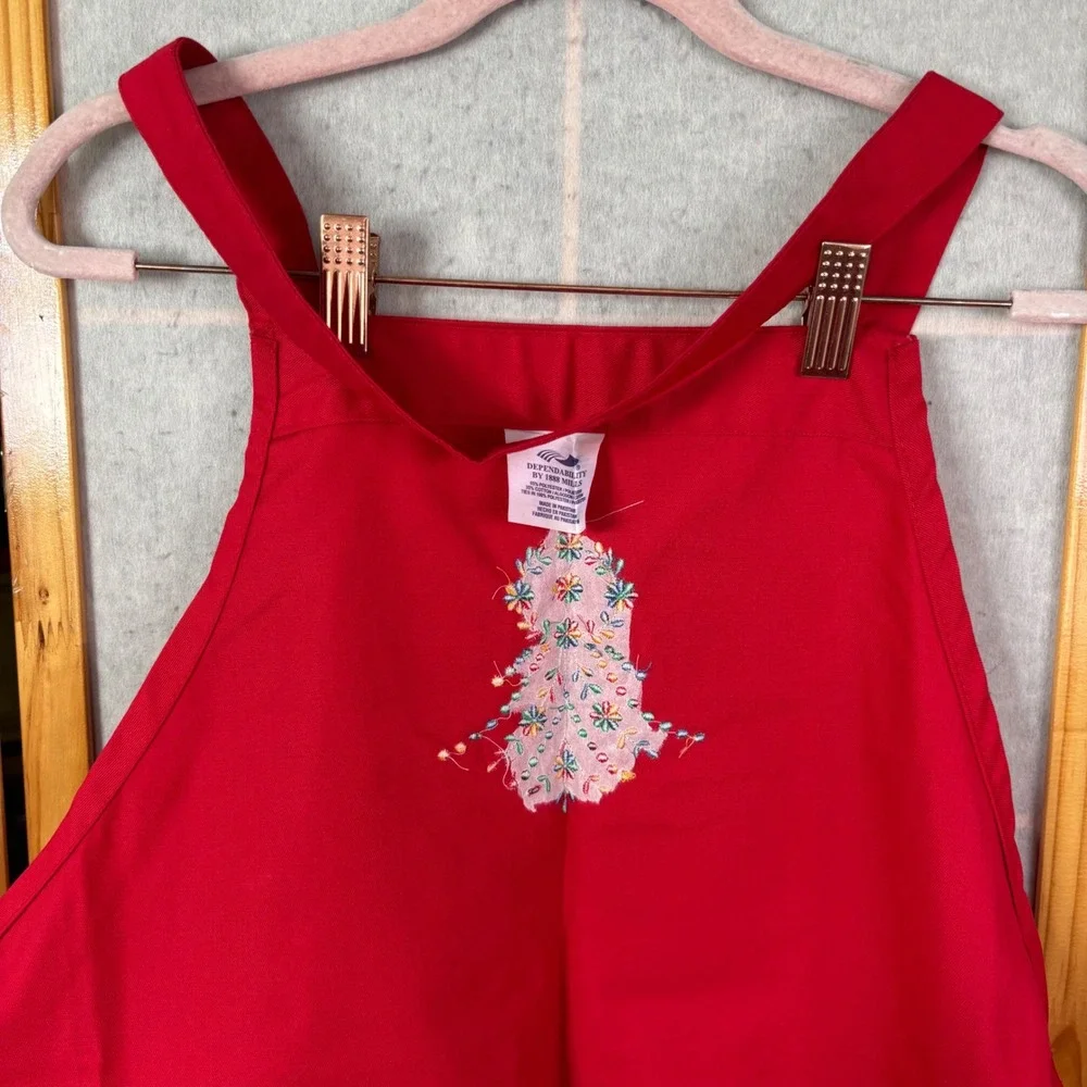 Dependability Bib Apron OS Red Floral Embroidered Pockets Twill‎ Workwear